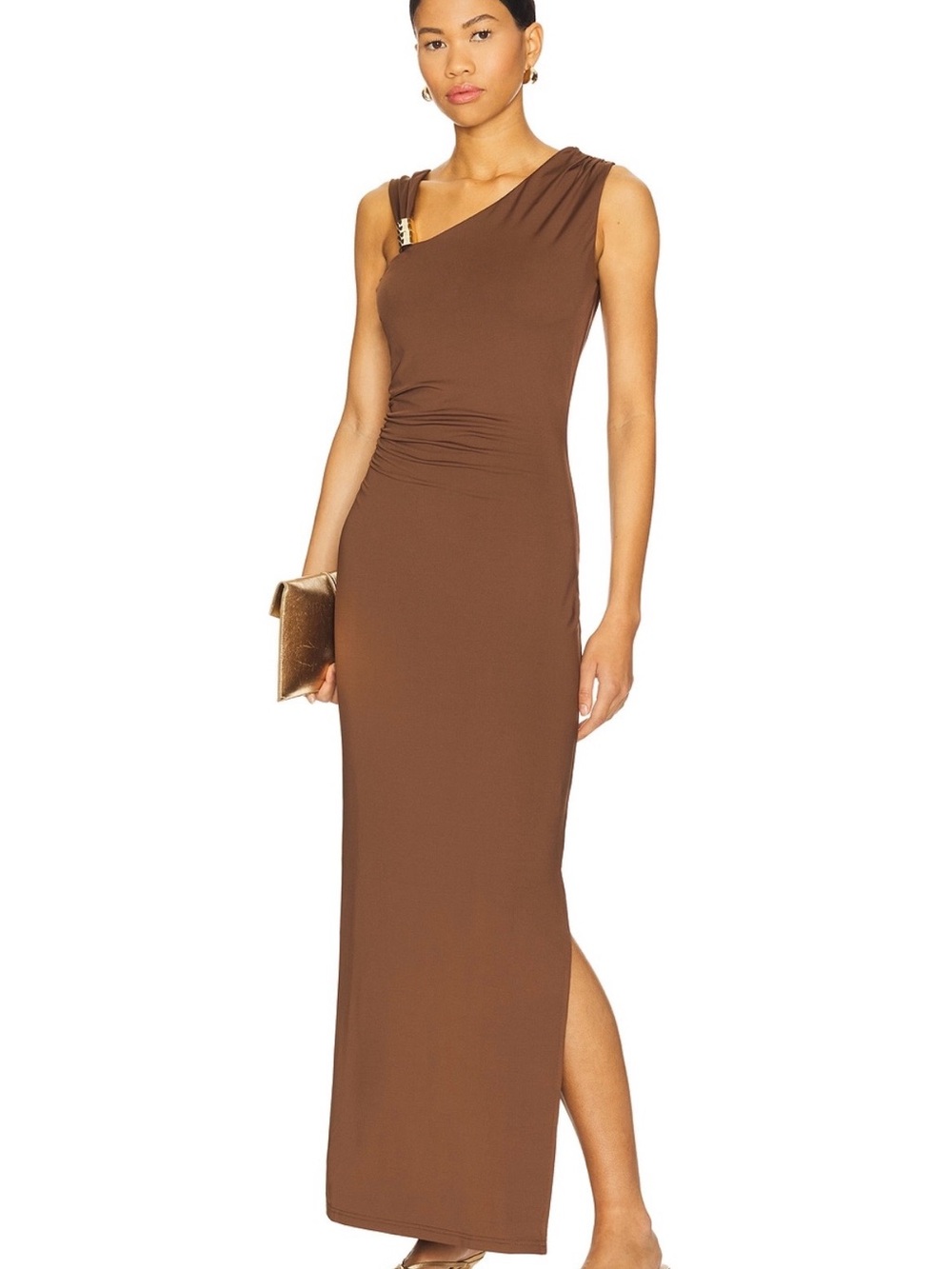 One-Shoulder Brown Maxi Dress with Side Slit